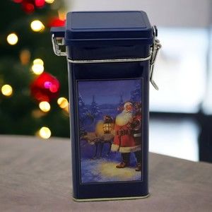 Vintage Christmas Tin Box Blue Santa with Lantern Deer Holiday Decor Storage